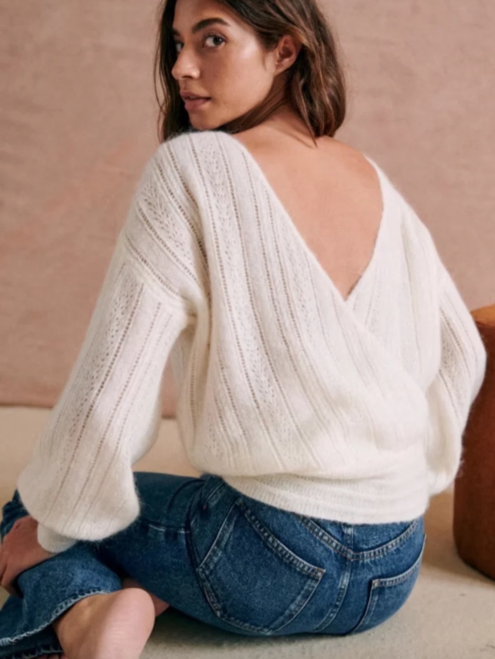 SEZANE Ecru Cream Mohair Wool Reversible V Neck Pointelle Knit Cristina Sweater - Picture 3 of 17